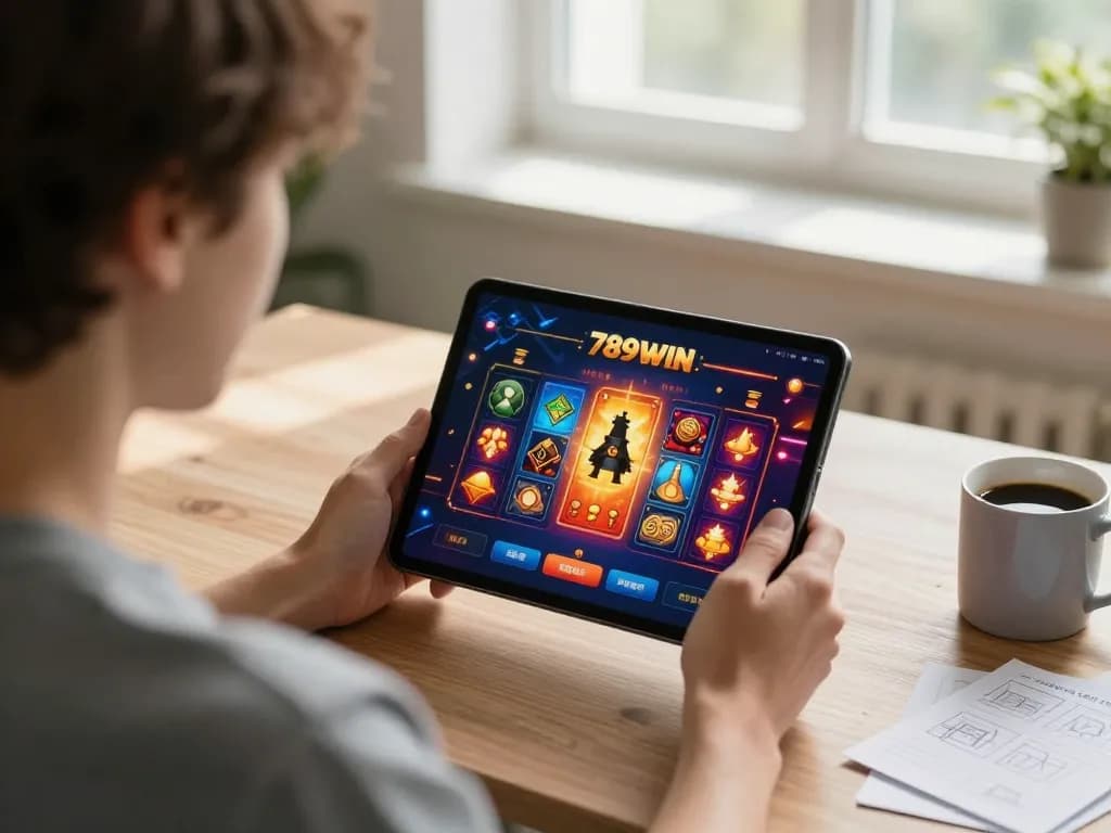 Engaging gameplay on 789WIN casino app shown on a tablet, with strategic notes in a cozy home office.