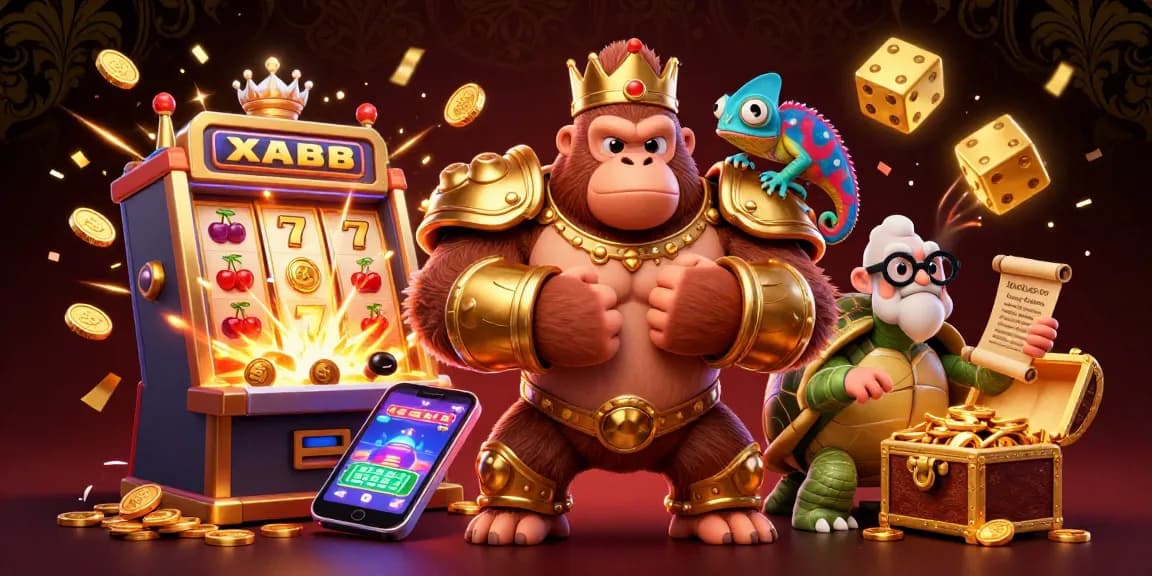 Experience excitement at XO88 with a dynamic 3D casino scene featuring a gorilla king and jackpot slots.
