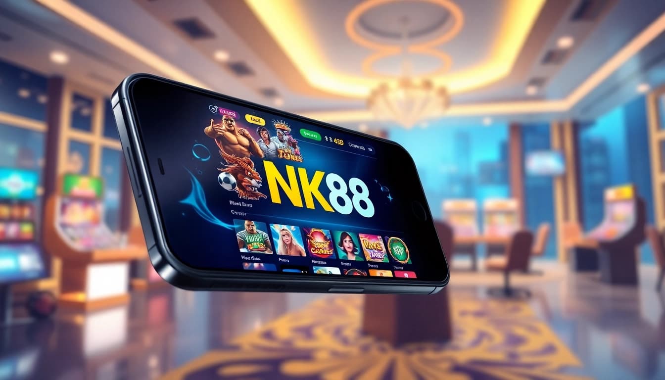 Experience NK88's engaging online betting platform with a vibrant smartphone app interface.