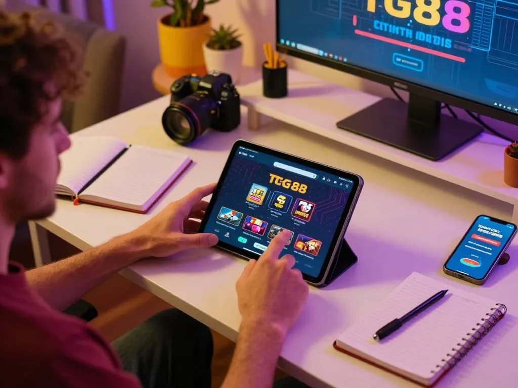 Player enjoying TG 88 casino app in cozy gaming setup with promotions visible