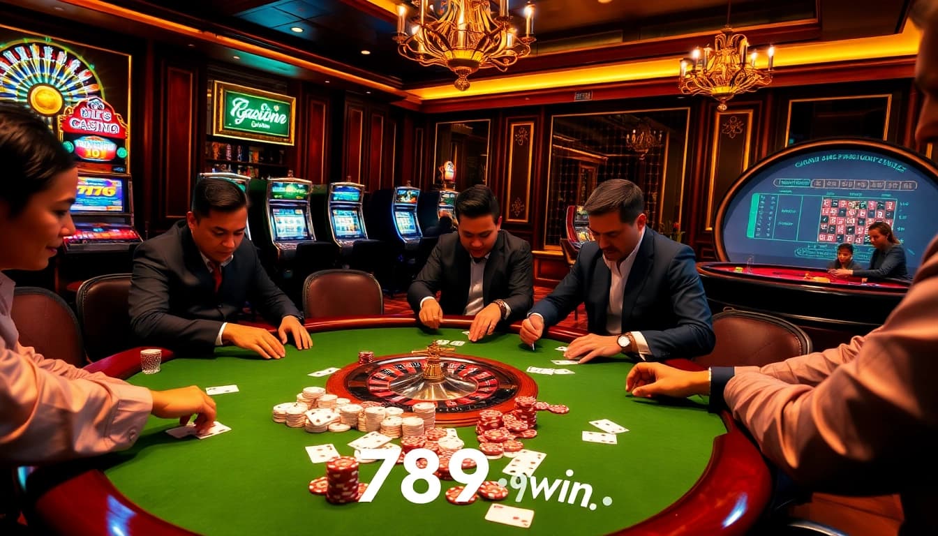 Players engaging at a luxurious poker table in the 789win casino, showcasing excitement and strategy.