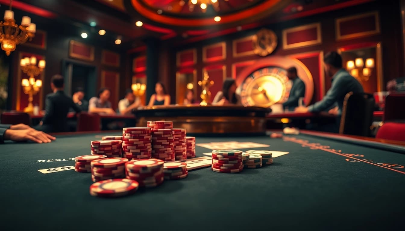 Players engaging in high-stakes gambling at an elegant table from https://bj88h.org/, showcasing cards and chips.