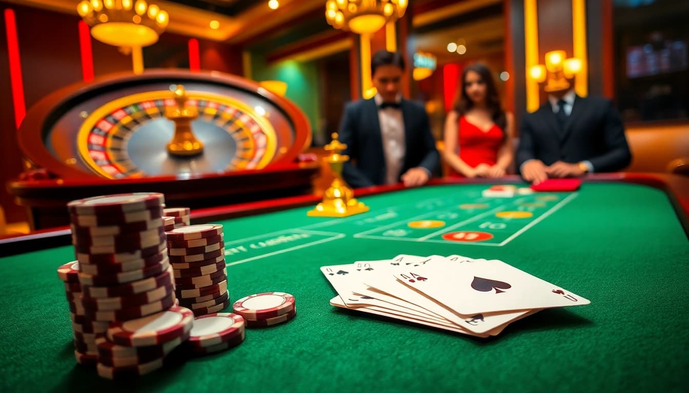 Engage with thrilling gameplay at https://da88.navy/ featuring a poker table and vibrant casino atmosphere.