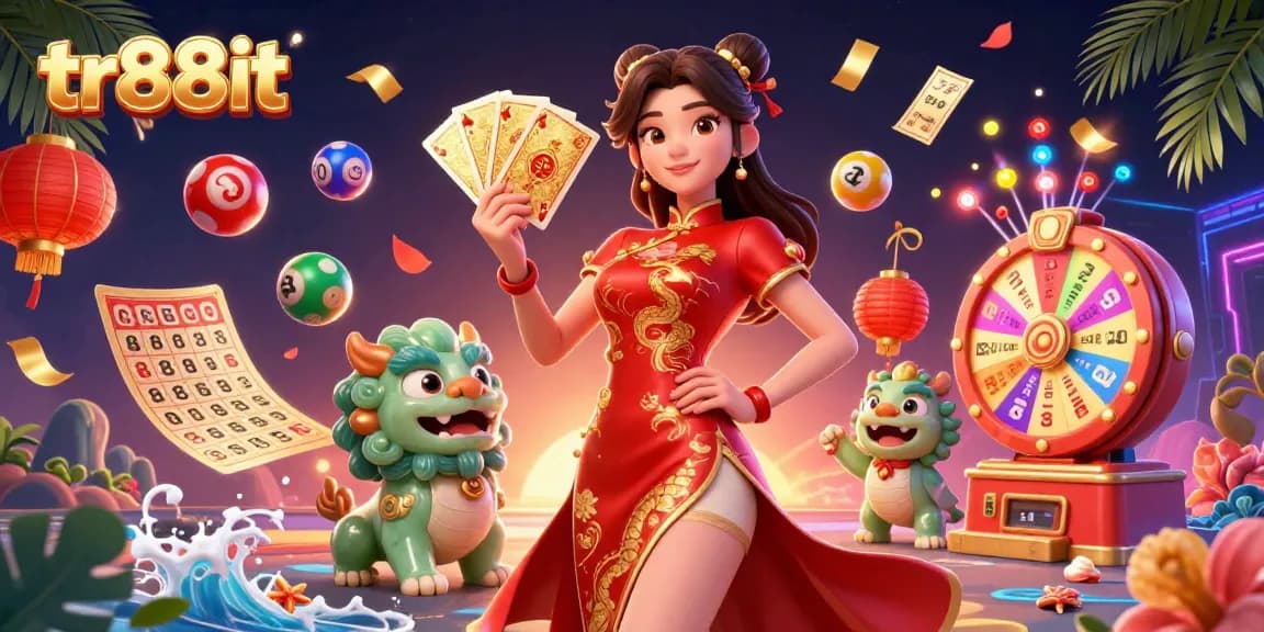 Experience exciting wins with tr88it as a woman in a qipao showcases golden playing cards amidst dynamic gambling elements.