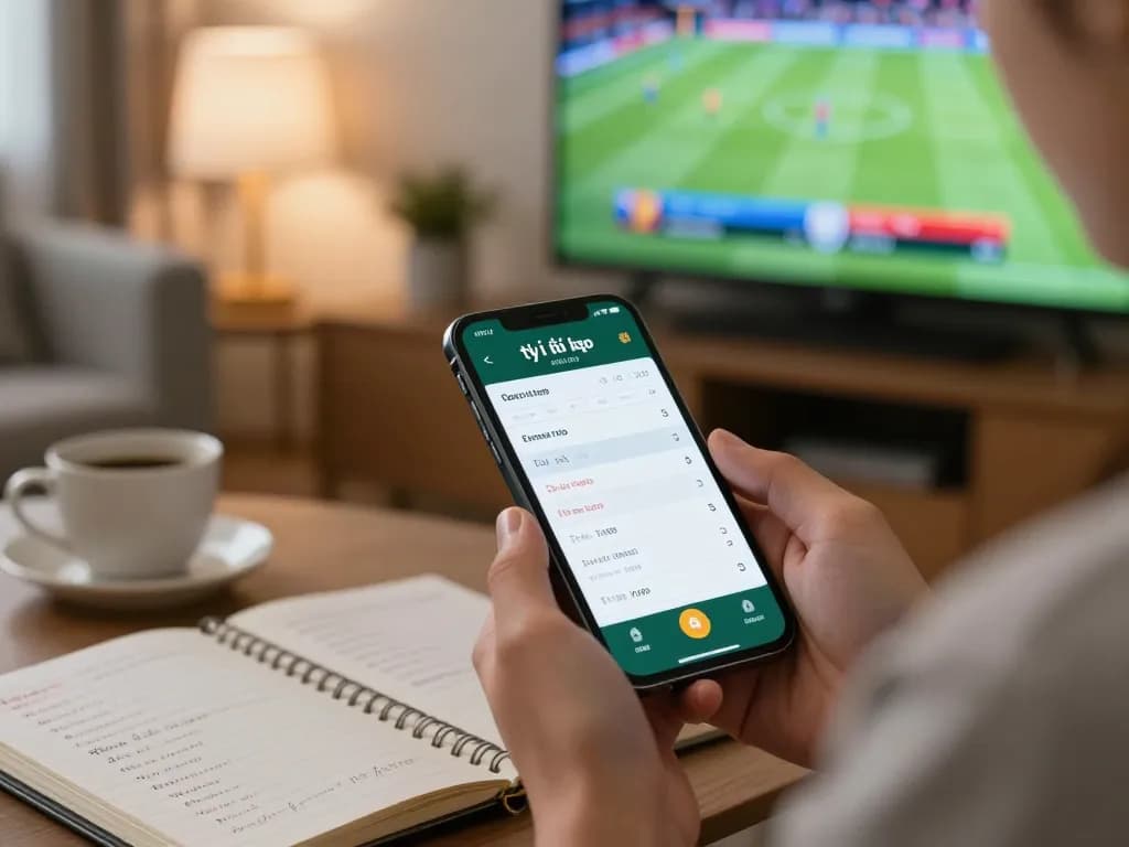 Engaging online betting moment showcasing tỷ lệ kèo nhà cái 5 on a smartphone in a cozy setting.