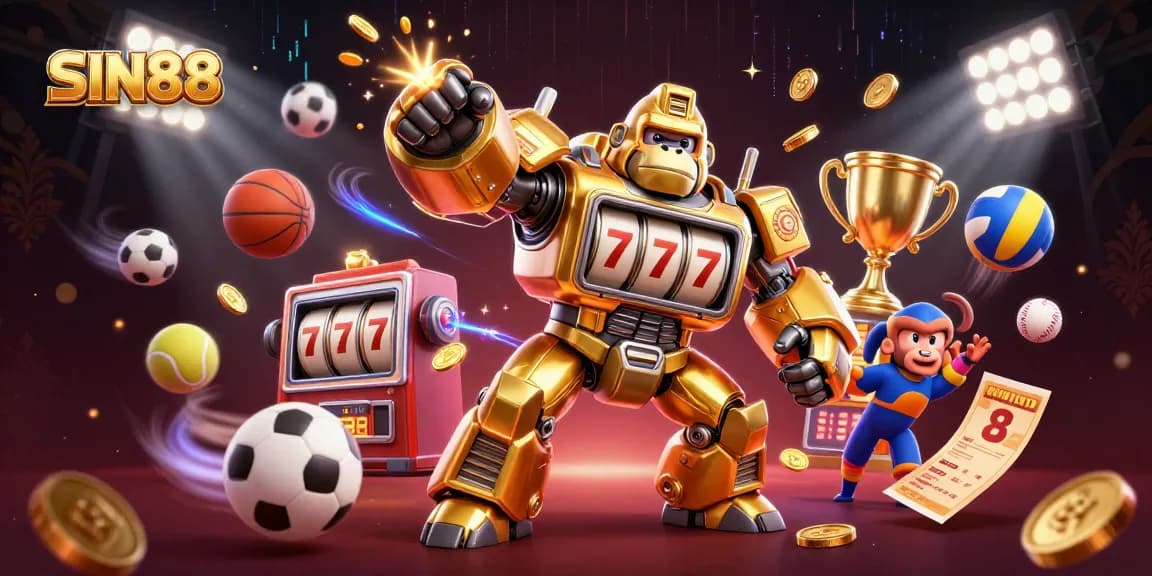SIN88 showcases an exciting scene with a golden gorilla mech celebrating wins in a vibrant casino setting