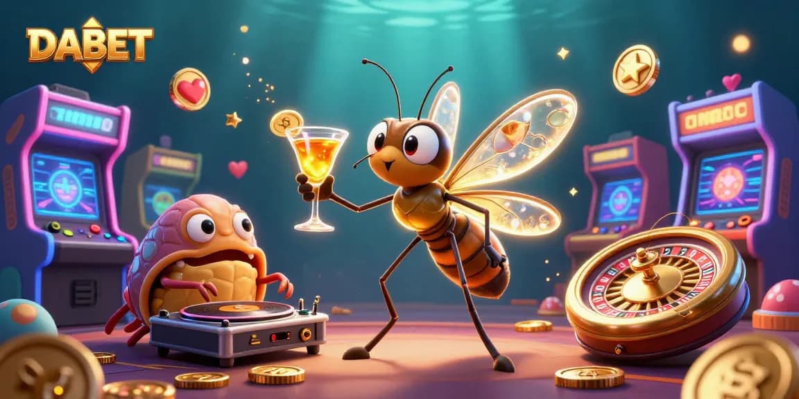 DABET casino mascot comes alive with a golden cocktail amidst dynamic gambling-themed elements.