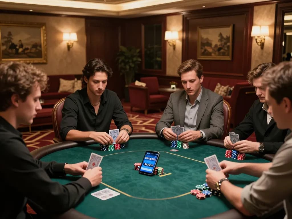 Players strategizing during a poker game at a private casino showcasing CUCU777 app, highlighting luxury gaming.