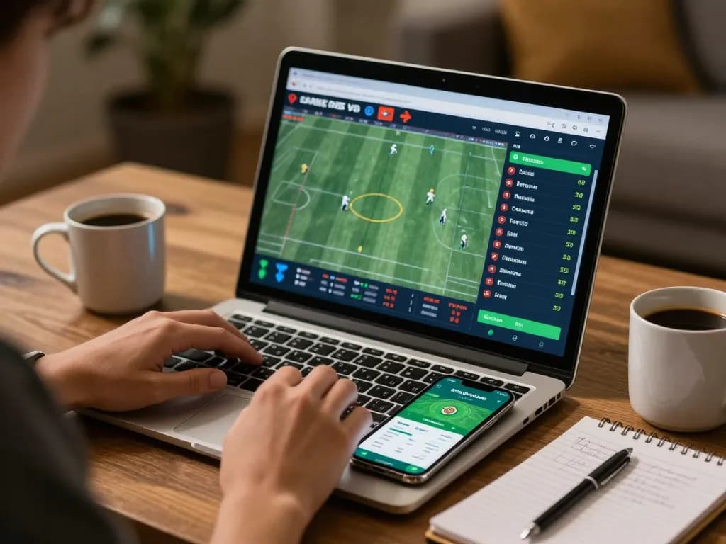 Placing bets in hk using a tablet and laptop in a cozy home office
