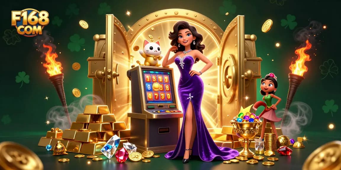 Experience thrilling slots at F168 COM with a glamorous woman celebrating a jackpot, adorned with gold.