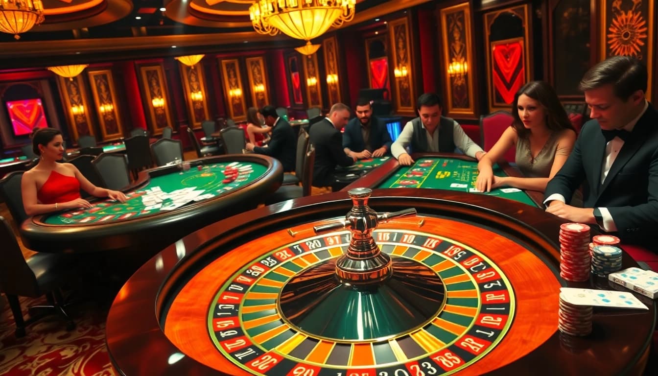 Experience the thrill of RR888 gaming at a luxurious casino with vibrant roulette and enthusiastic players.