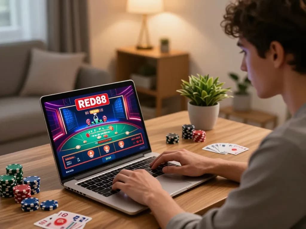 Engaging gameplay experience with RED88 logo on laptop screen in cozy home setting, showcasing online casino excitement.