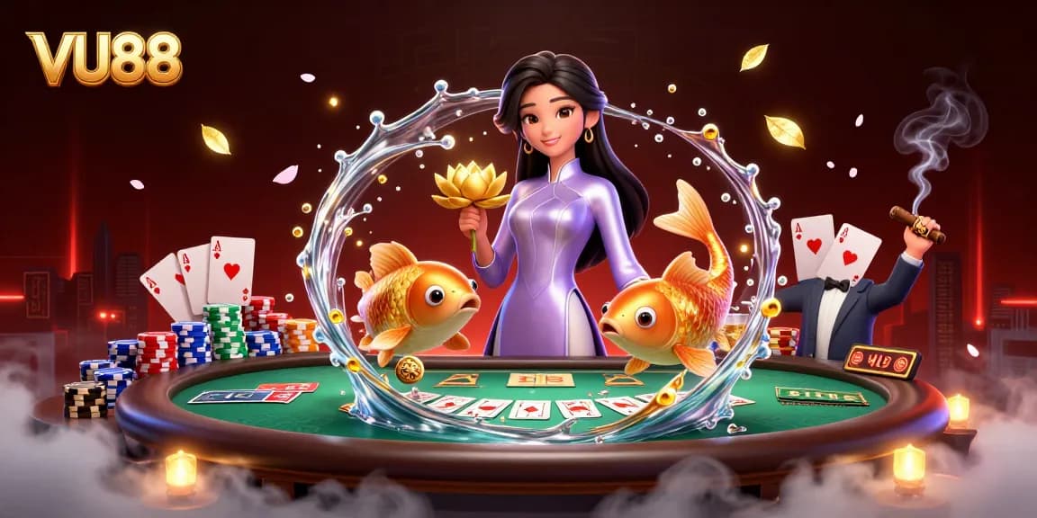 Play VU88 and win big at the vibrant poker table with chips and cards.