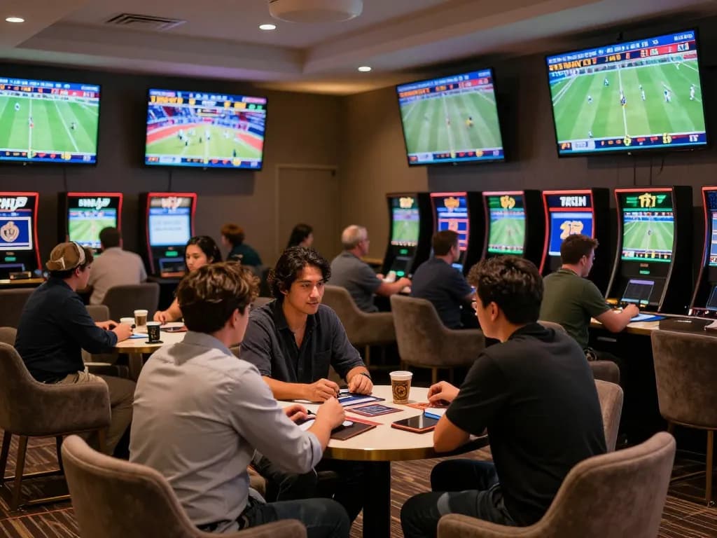 five88 sports enthusiasts placing bets in a luxury lounge filled with excitement and screens.