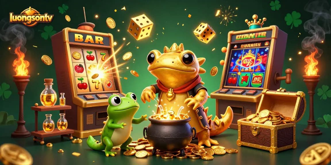 luongsontv showcases an enchanting 3D scene of cartoon characters creating golden riches in a dynamic casino atmosphere.