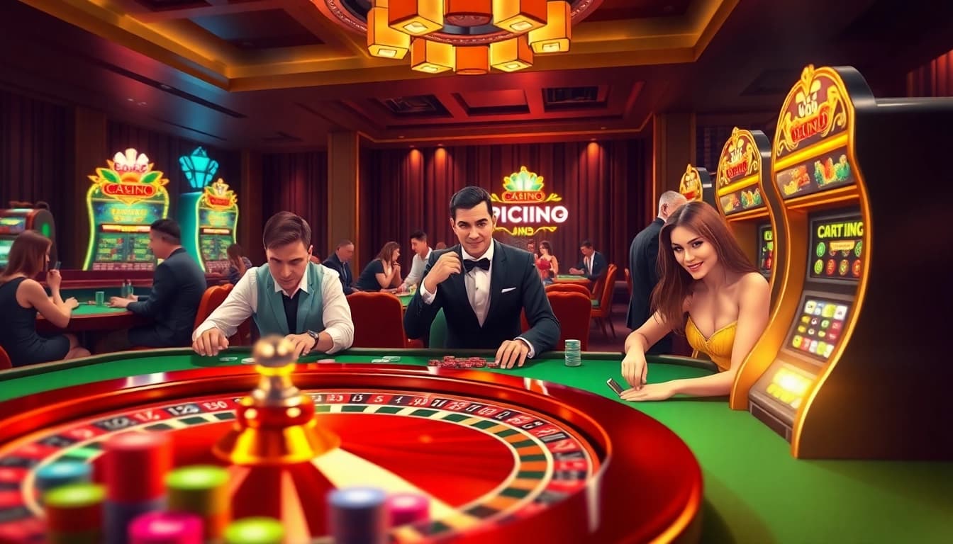 Experience intense gambling action at เว็บ soibet with players enjoying poker and roulette in a luxurious setting.