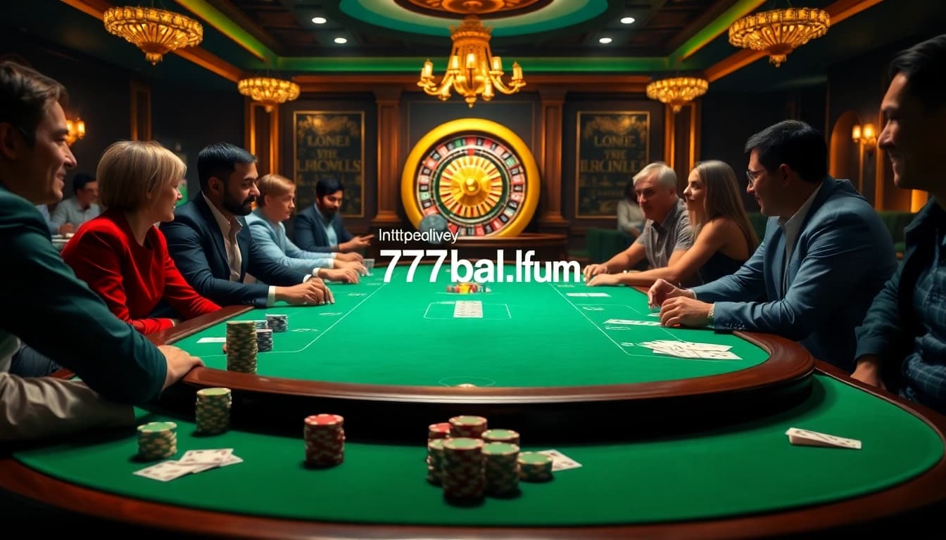 Engage in thrilling gameplay at https://77ball.fun/ with an exciting poker table scene showcasing vibrant chips and cards.