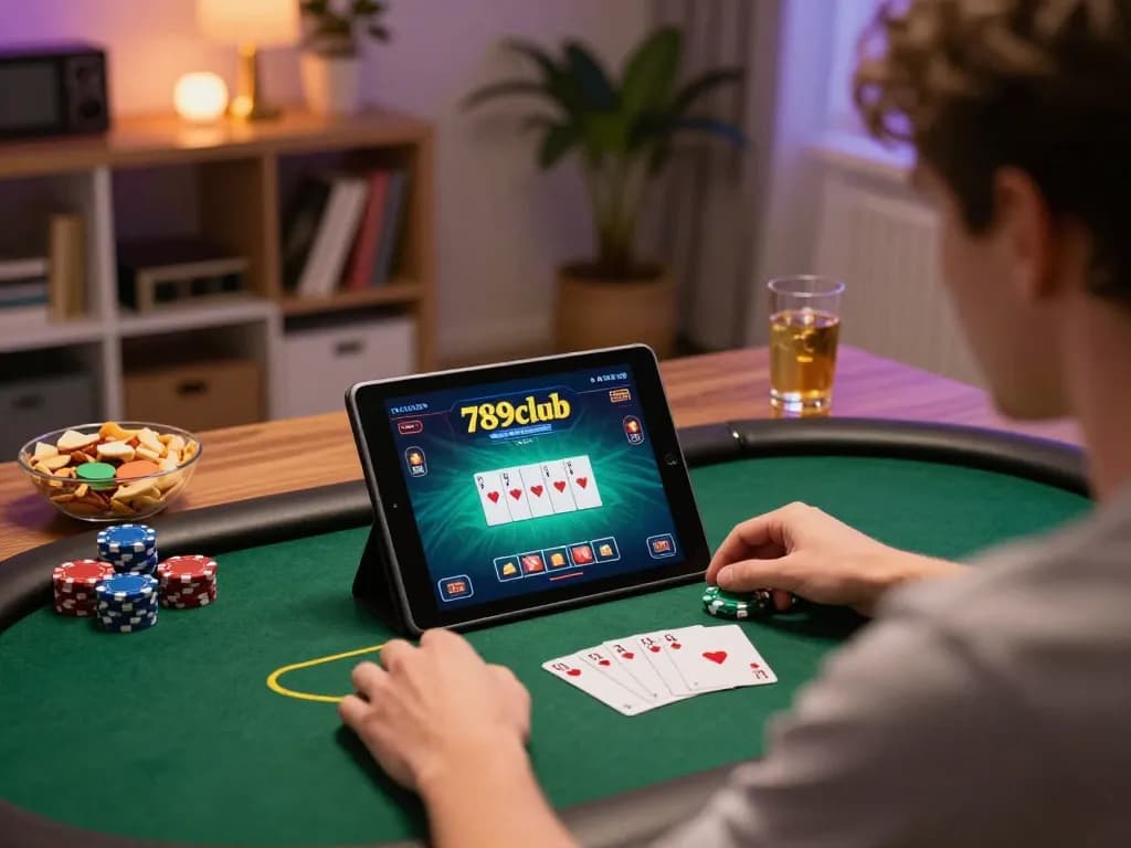 Player immersed in a 789club poker game on a tablet, showcasing an engaging mobile gaming experience.
