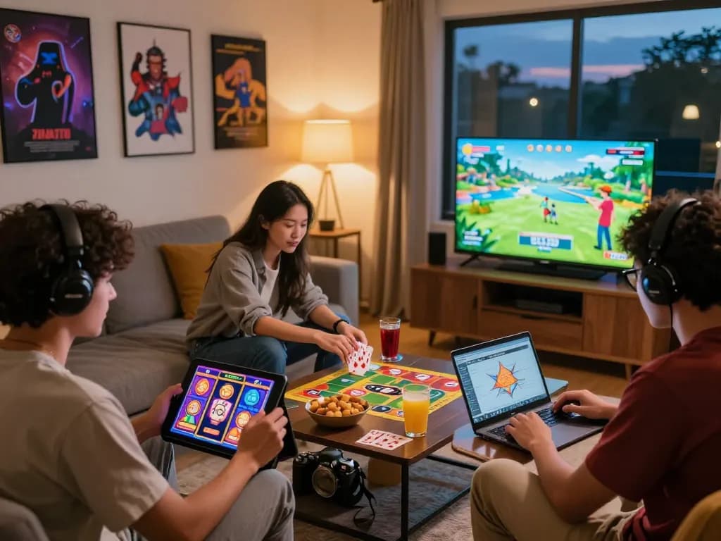 Friends enjoying Sunwin gaming experience in a cozy living room, featuring diverse games and snacks.
