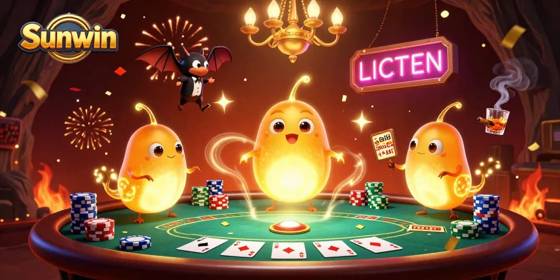 Enjoy thrilling gameplay at Sunwin with a vibrant casino scene featuring poker excitement, confetti, and dazzling glowworms.