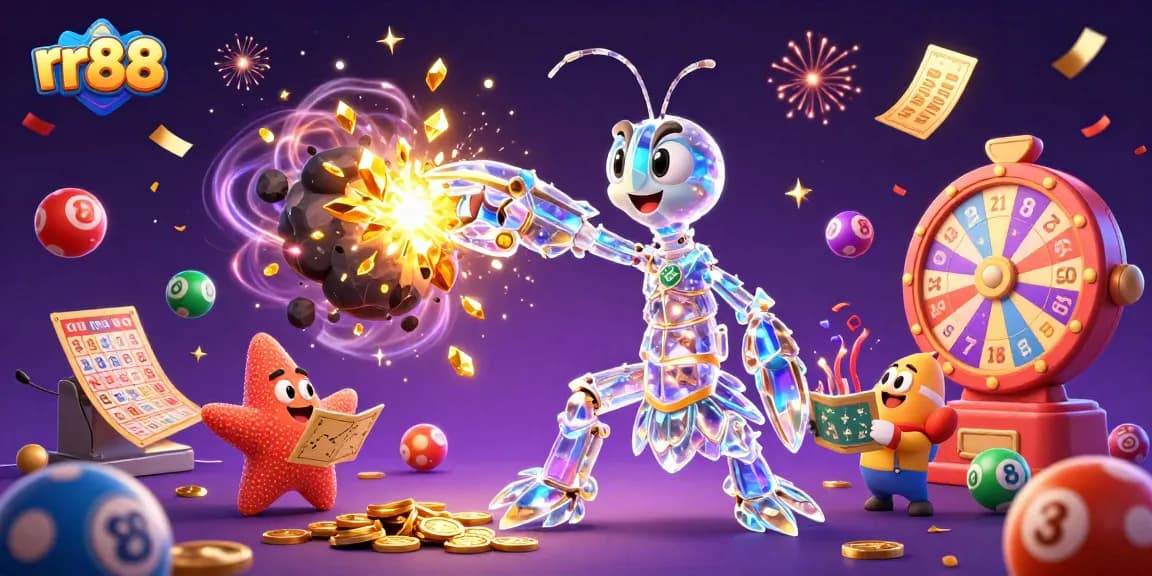 Win big at rr88 with a vibrant 3D casino scene filled with dynamic lottery elements.