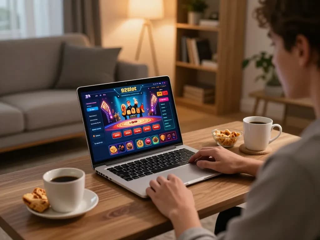 Engaging in strategic gameplay on the 92slot platform in a cozy home setting.