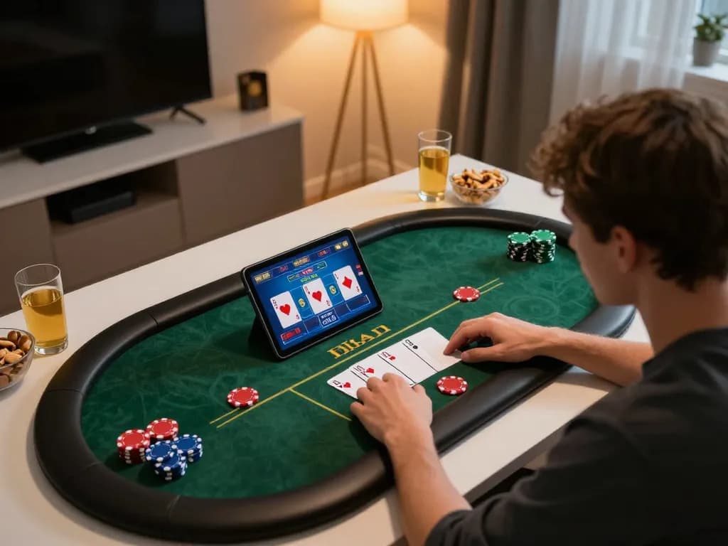 Player engaging in strategic gambling gameplay with 3win app on tablet
