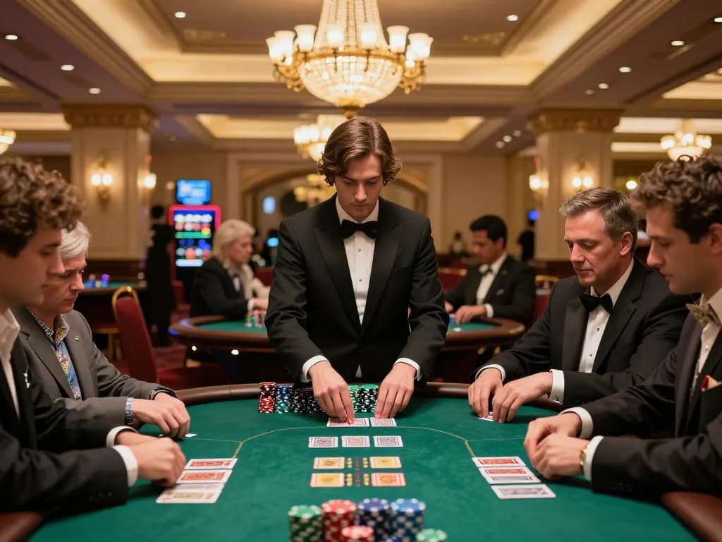 KING79 poker players engaged in a high-stakes game in a luxurious Las Vegas casino.