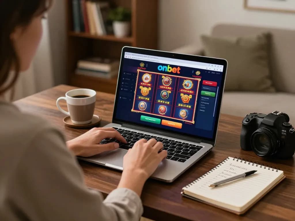 Engaged player enjoying an onbet casino slot game on laptop at home, strategic betting notes nearby.