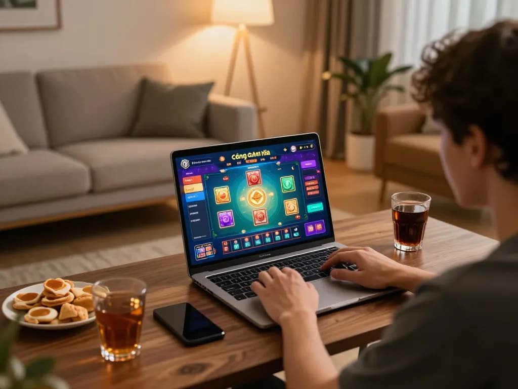 Engaging in an online cổng game bài đổi thưởng experience with a vibrant gaming interface and cozy setup.