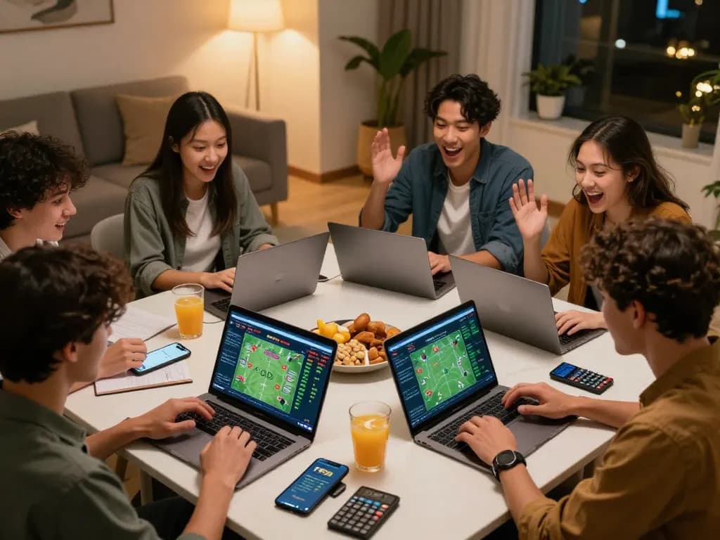 Friends enjoying sports betting on FB88 app in a cozy online lounge with drinks.