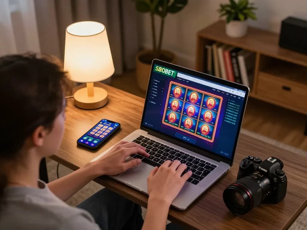 SBOBET online gaming experience with a player engaged on a laptop, showcasing vibrant slot games in a cozy home setting.