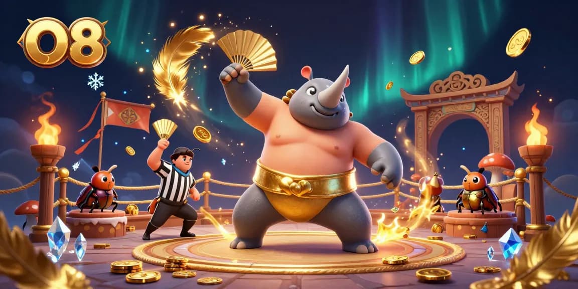 Watch the O8 sumo champion beetle sending coins flying in this thrilling gaming scene.
