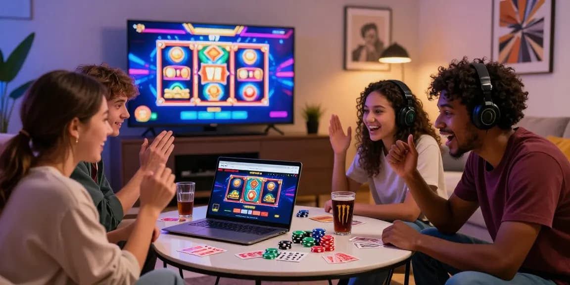 Diverse group enjoying casinos that bypass GamStop on a laptop, surrounded by gaming paraphernalia in a stylish living room.