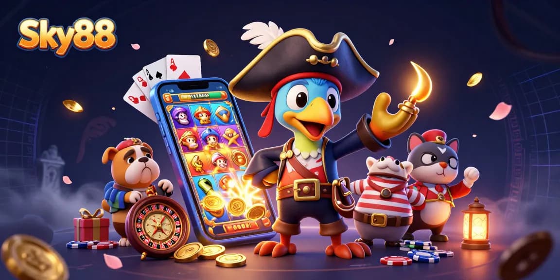 Engage with Sky88's vibrant casino scene featuring a pirate captain and thrilling gaming elements.