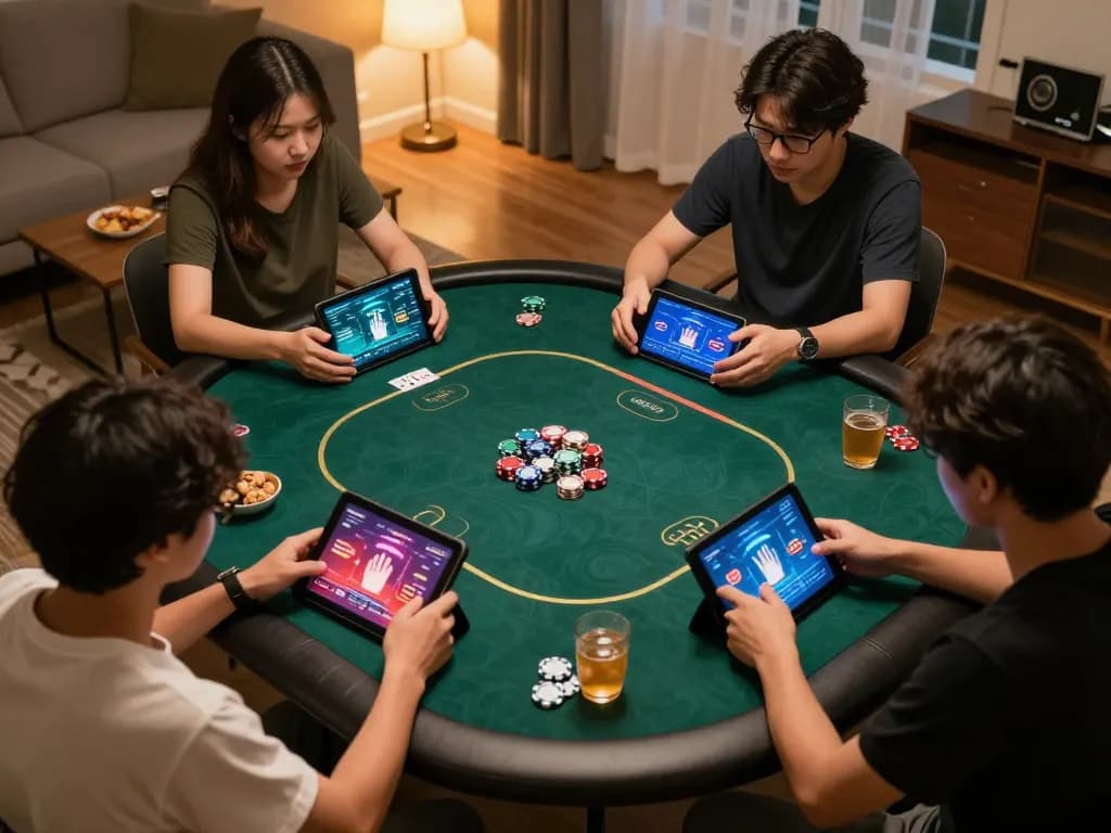 UU88 players engaging in online poker, showcasing strategy in a cozy home atmosphere.