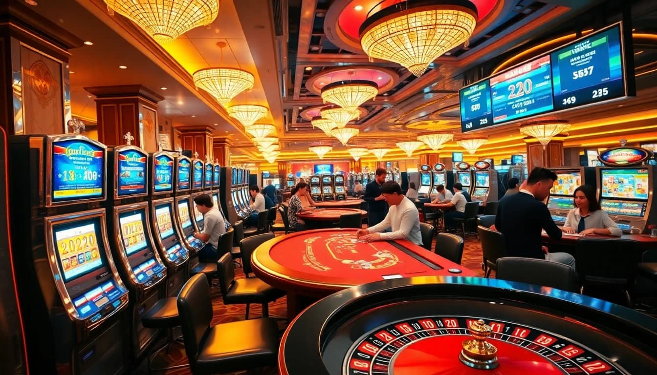 Iwin đổi thưởng casino experience featuring players at poker tables and slot machines