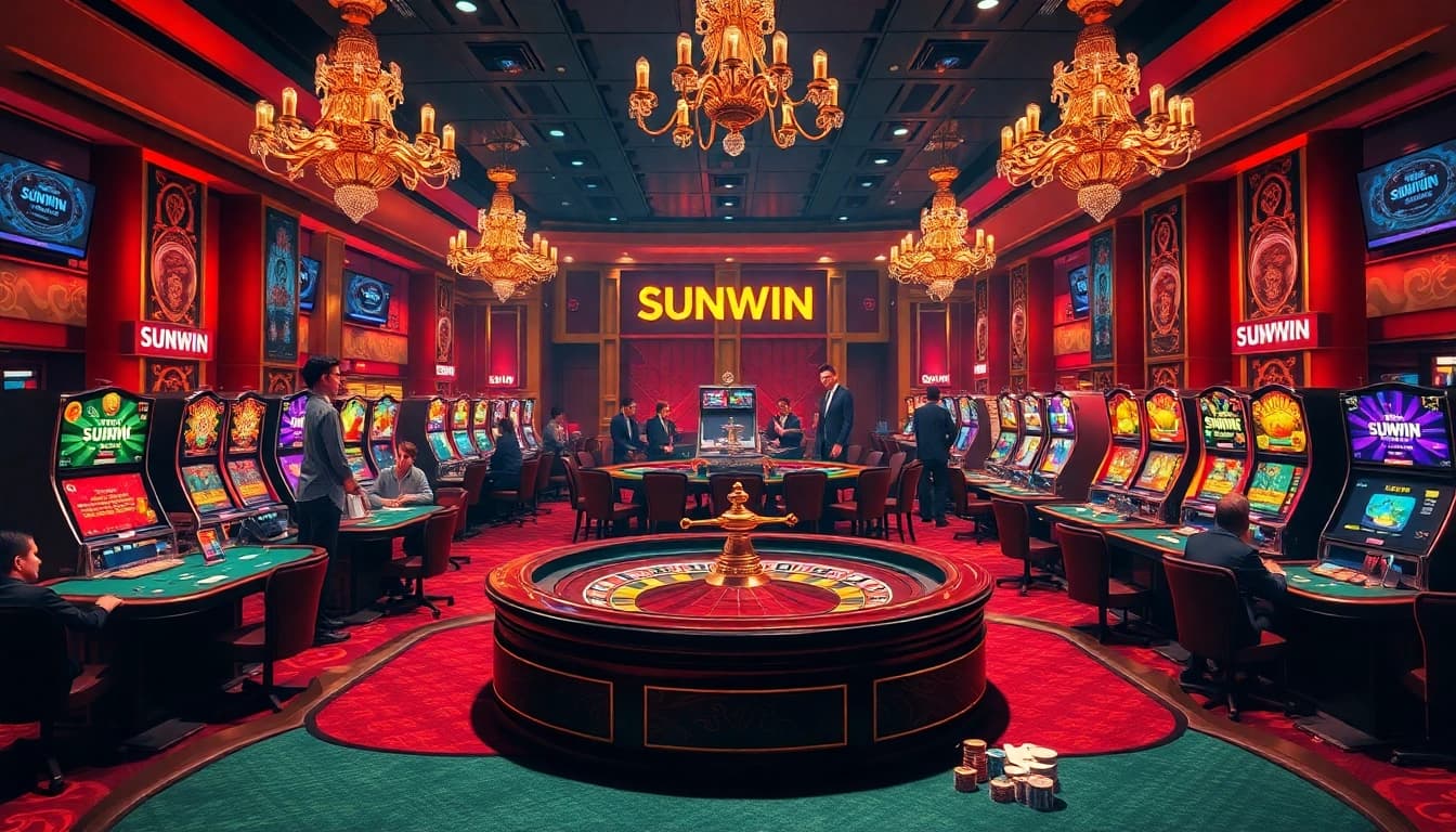 Experience the excitement of SUNWIN with players at luxurious casino tables and vibrant slot machines.