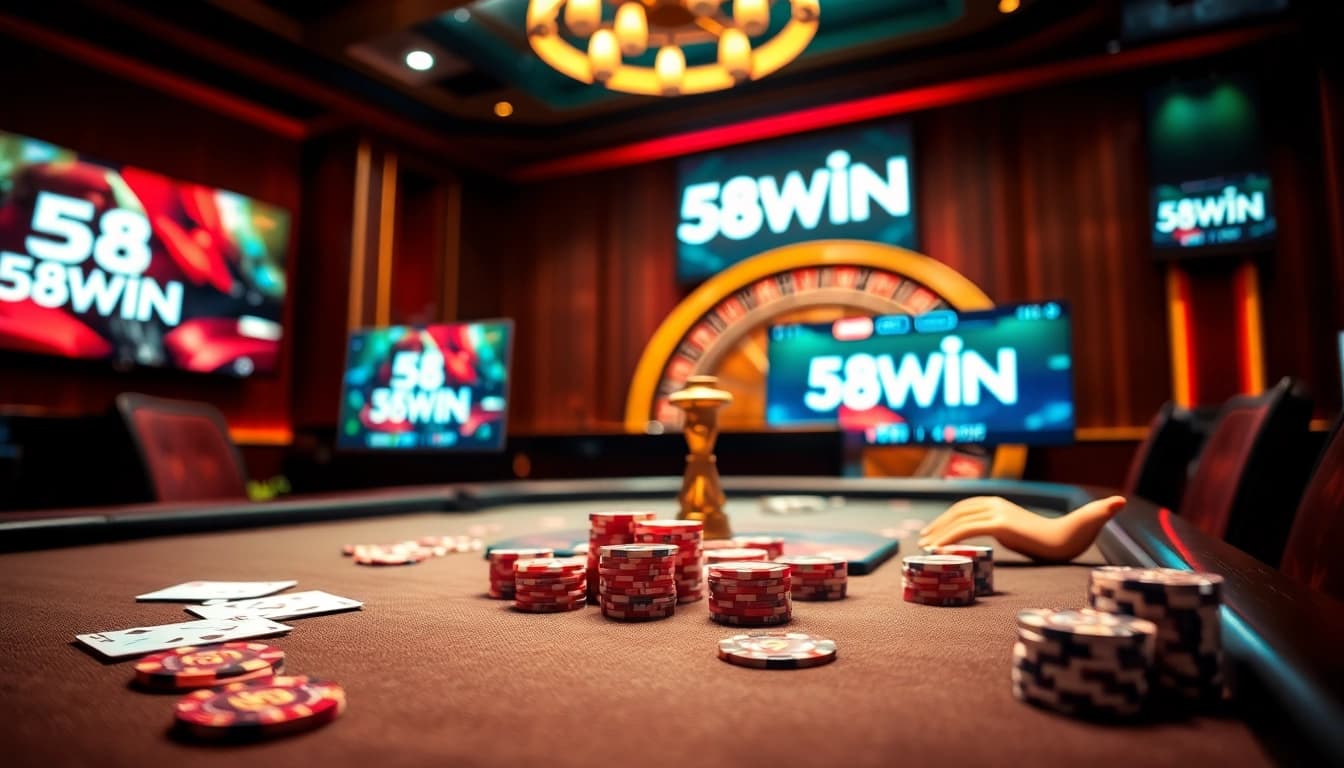 Engage in thrilling casino games at 58WIN, featuring a vibrant poker table and interactive roulette wheel.