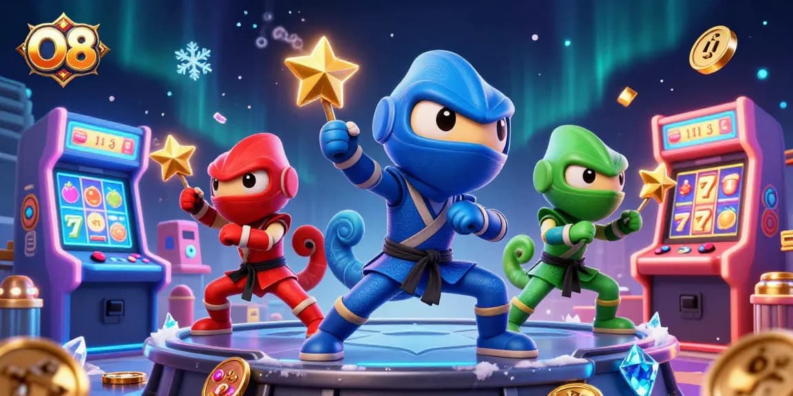 Experience the excitement of O8 as a chameleon team performs martial arts surrounded by vibrant slot game elements.