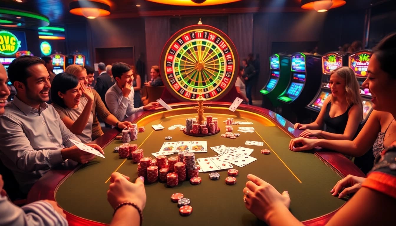A vibrant casino scene showcasing players at a table involved in dynamic games at QQ88 COM.