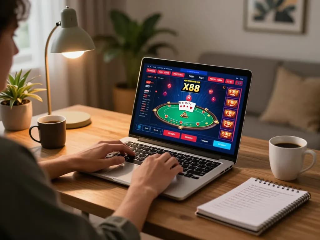 x88 player engaged in online poker gaming at home with laptop and strategic notes.