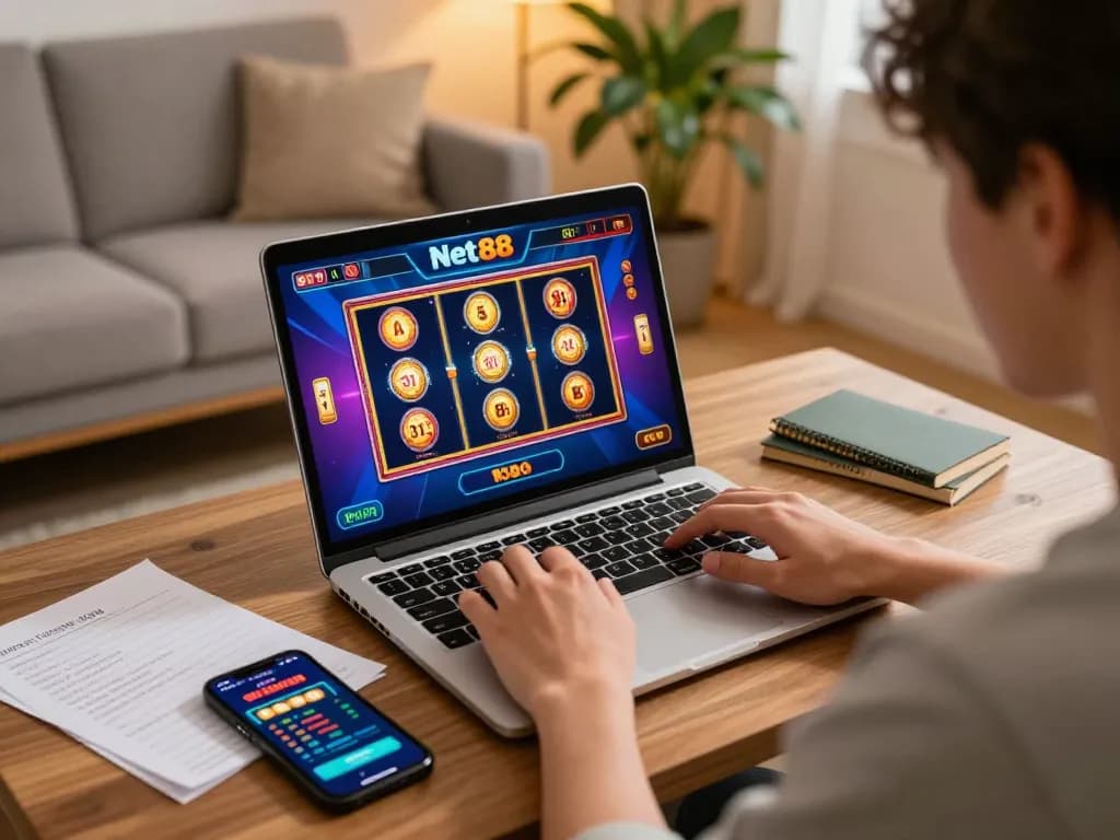 Player engaging with net88 casino on laptop, surrounded by gaming notes and vibrant decor.