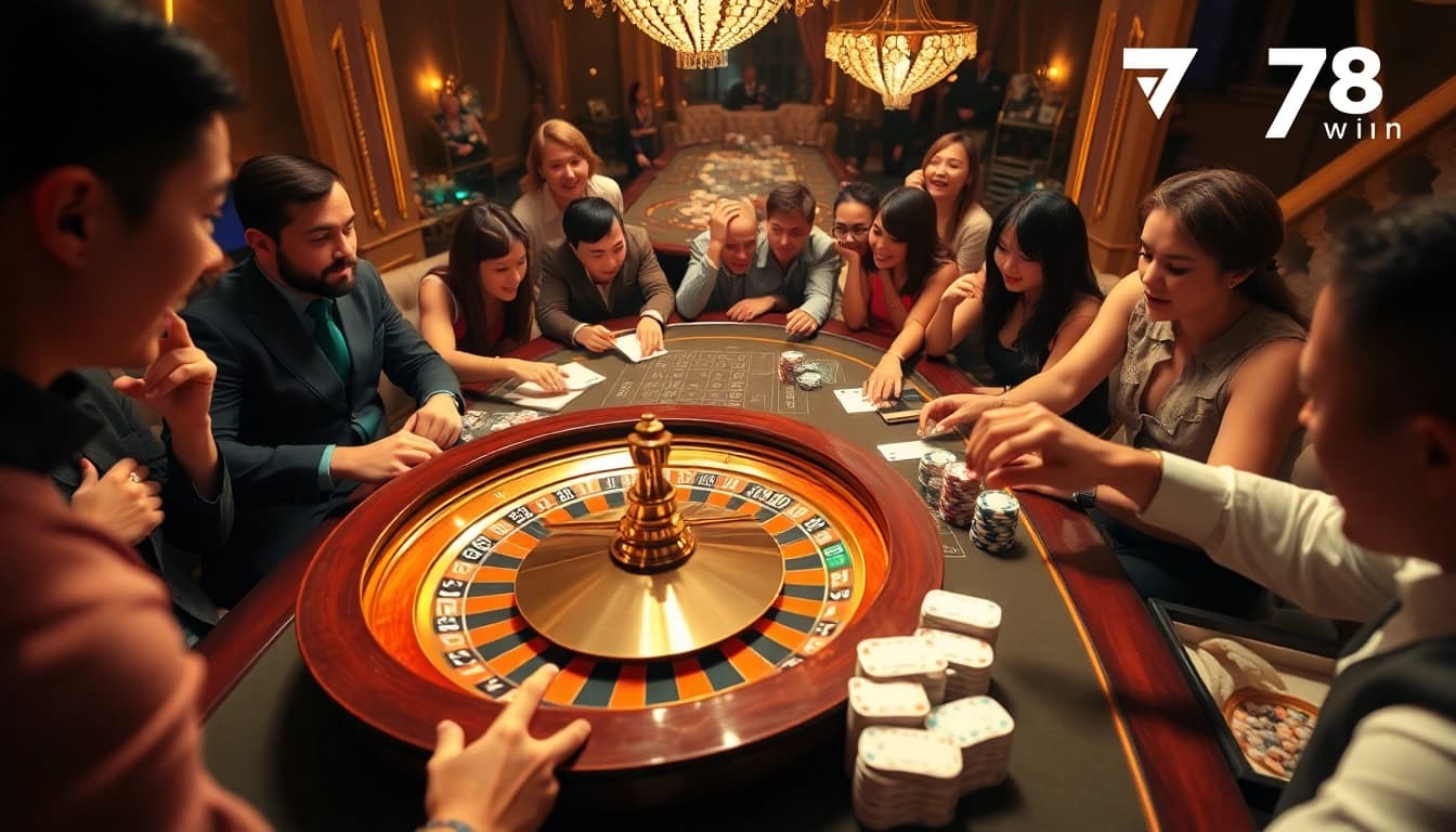 Players celebrating a win at a glamorous 789 win casino table with cards and poker chips.