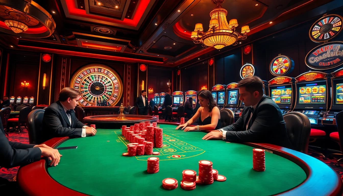 Engaging gamblers at https://febet4.art/ with a vibrant casino scene featuring poker tables and roulette wheels.