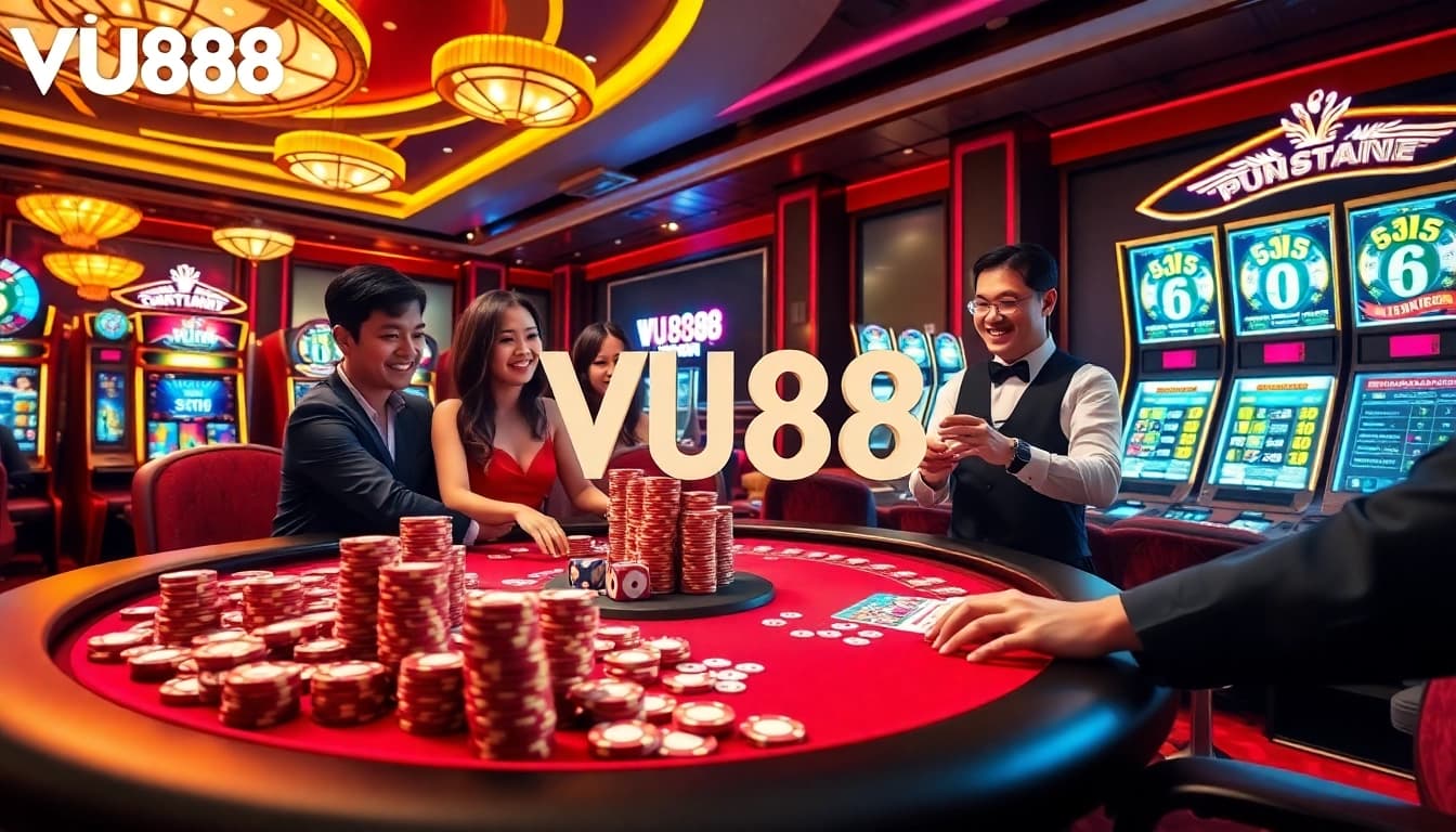 VU88 casino scene with players enjoying thrilling games and vibrant slot machines.