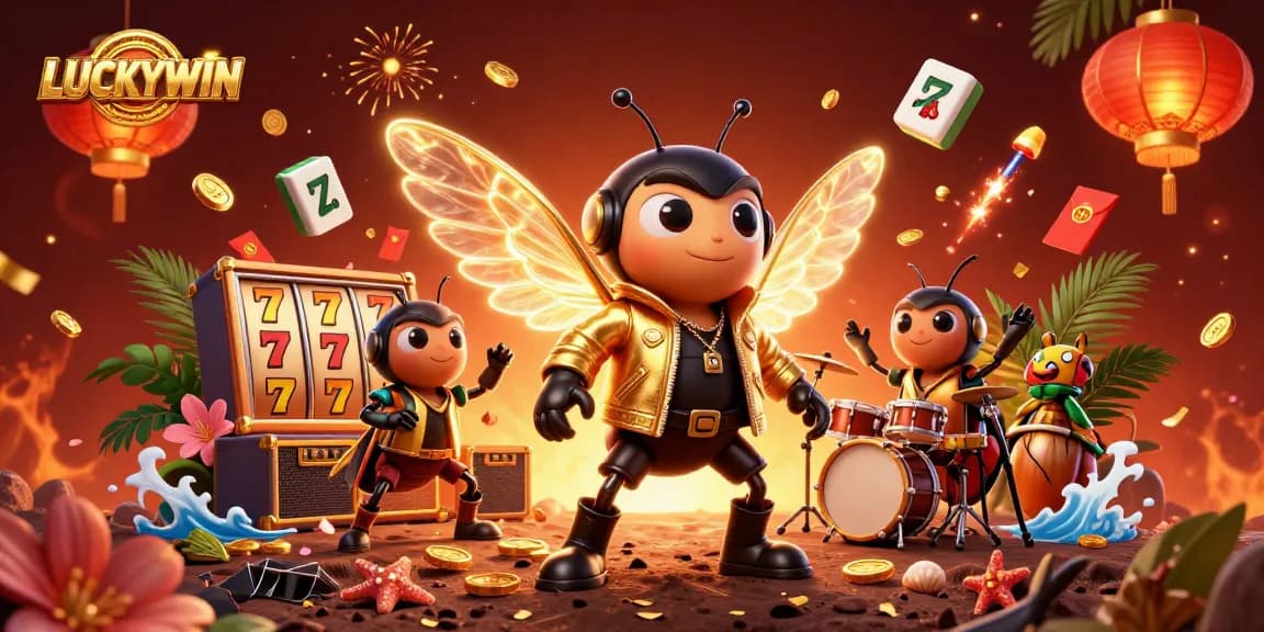 Experience LUCKYWIN excitement with a vibrant 3D casino scene featuring animated characters and dynamic gaming elements.