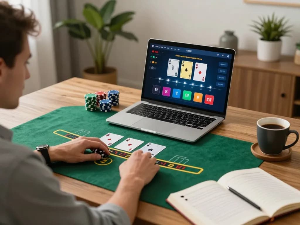 Engaged player enjoying live blackjack on 789club with focused strategy notes in a cozy home office.