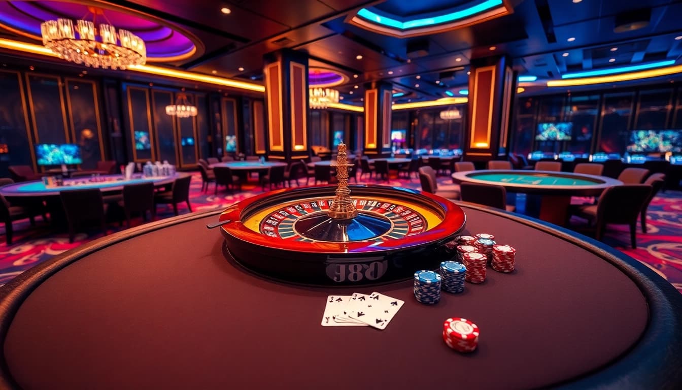 Exciting game action at j88 casino with luxurious tables and vibrant poker chips.
