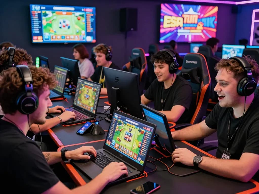 Exciting online gaming scene with players enjoying bomwin platform, showcasing vibrant graphics and gaming gear.